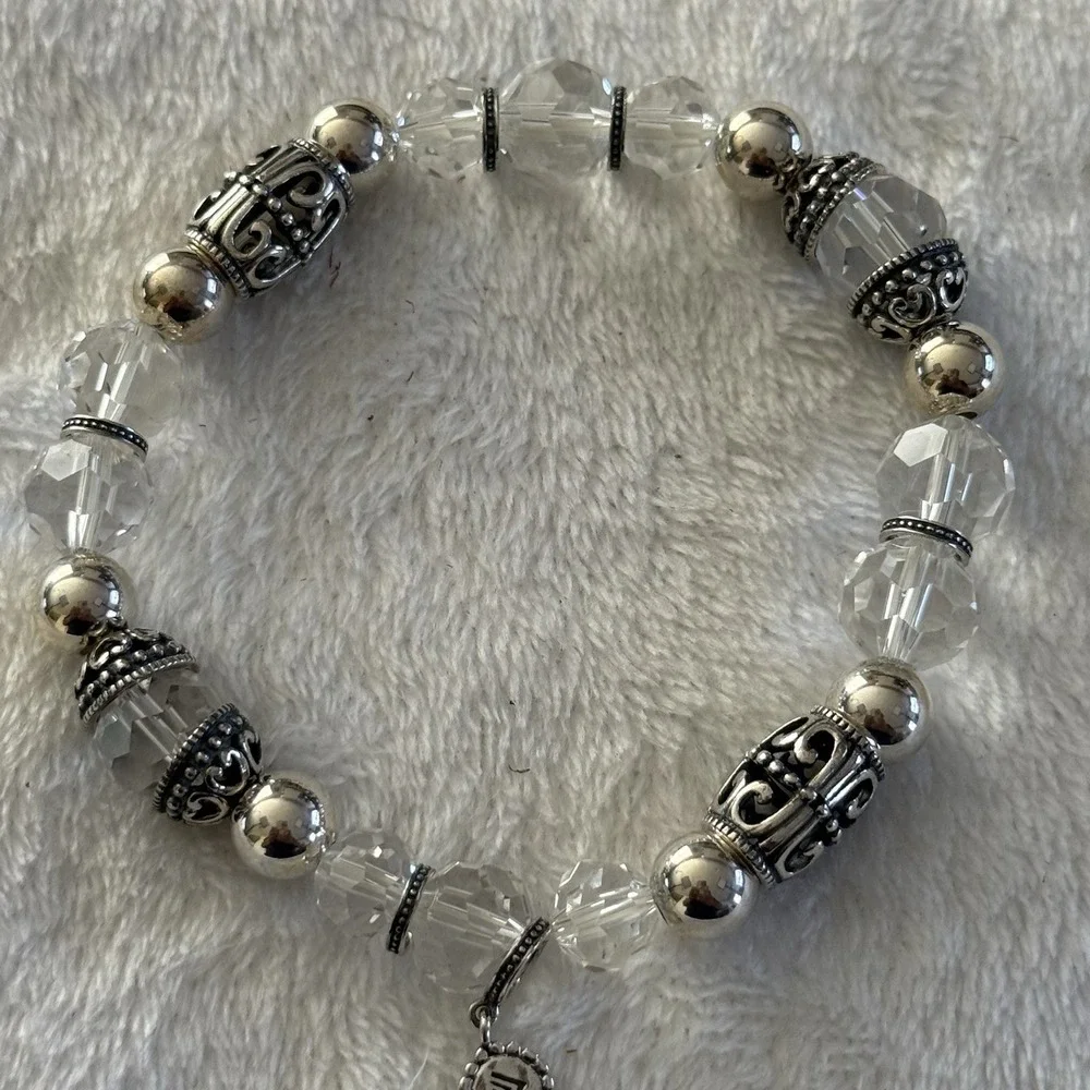 Signed Designer Clear Crystal Beaded Stretch Bracelet Silver Tone Filigree